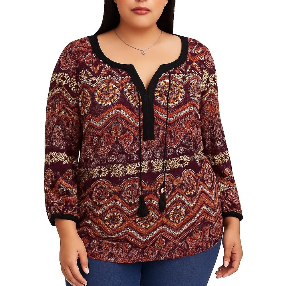 Zac & Rachel Woman 1X Boho‎ Tunic Top Multicolor Paisley Print Tassel Tie